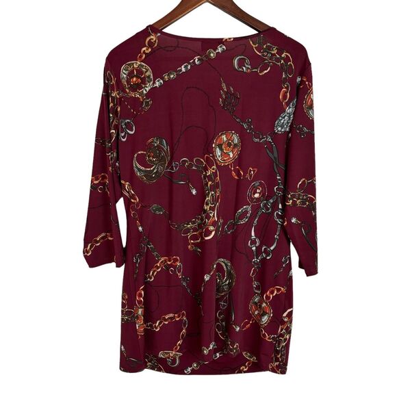 NWT Carmen Marc Valvo Burgundy Red Chain Print Top Silky Shirt Women's 1X - Picture 6 of 6